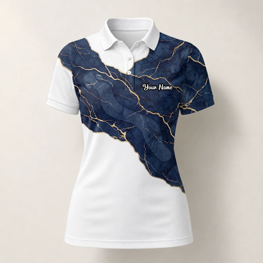 Personalised White Navy Marble Gold Vein Golf Polo Shirt For Women B4939