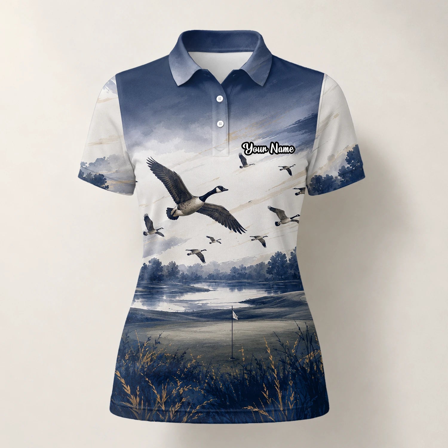 Personalised Dark Navy Watercolour Canada Geese Golf Polo Shirt For Women L8594
