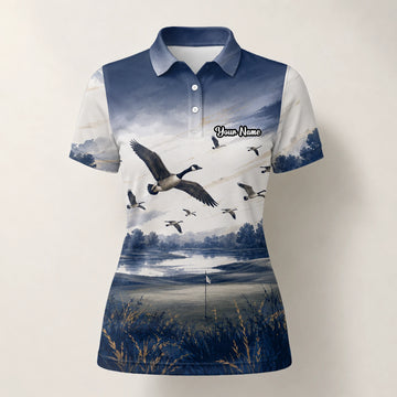 Personalised Dark Navy Watercolour Canada Geese Golf Polo Shirt For Women L8594