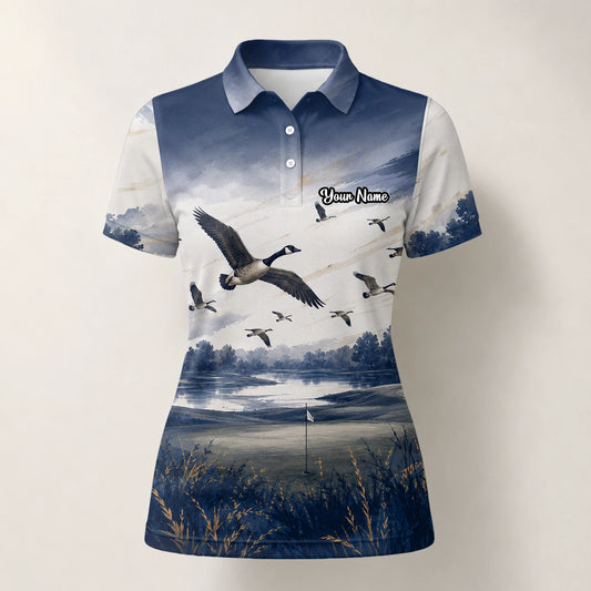 Personalised Dark Navy Watercolour Canada Geese Golf Polo Shirt For Women L8594