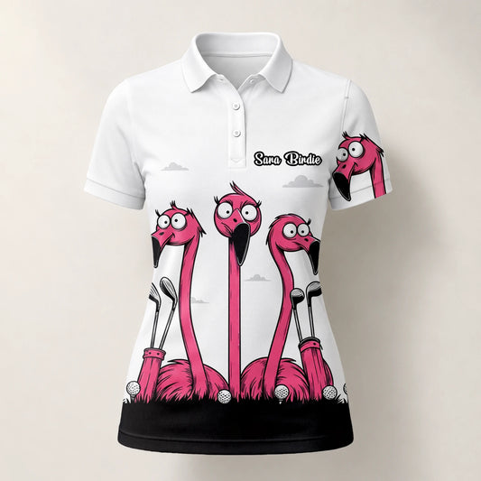 Personalised White Pink Flamingo Cartoon Golf Polo Shirt For Women I6113