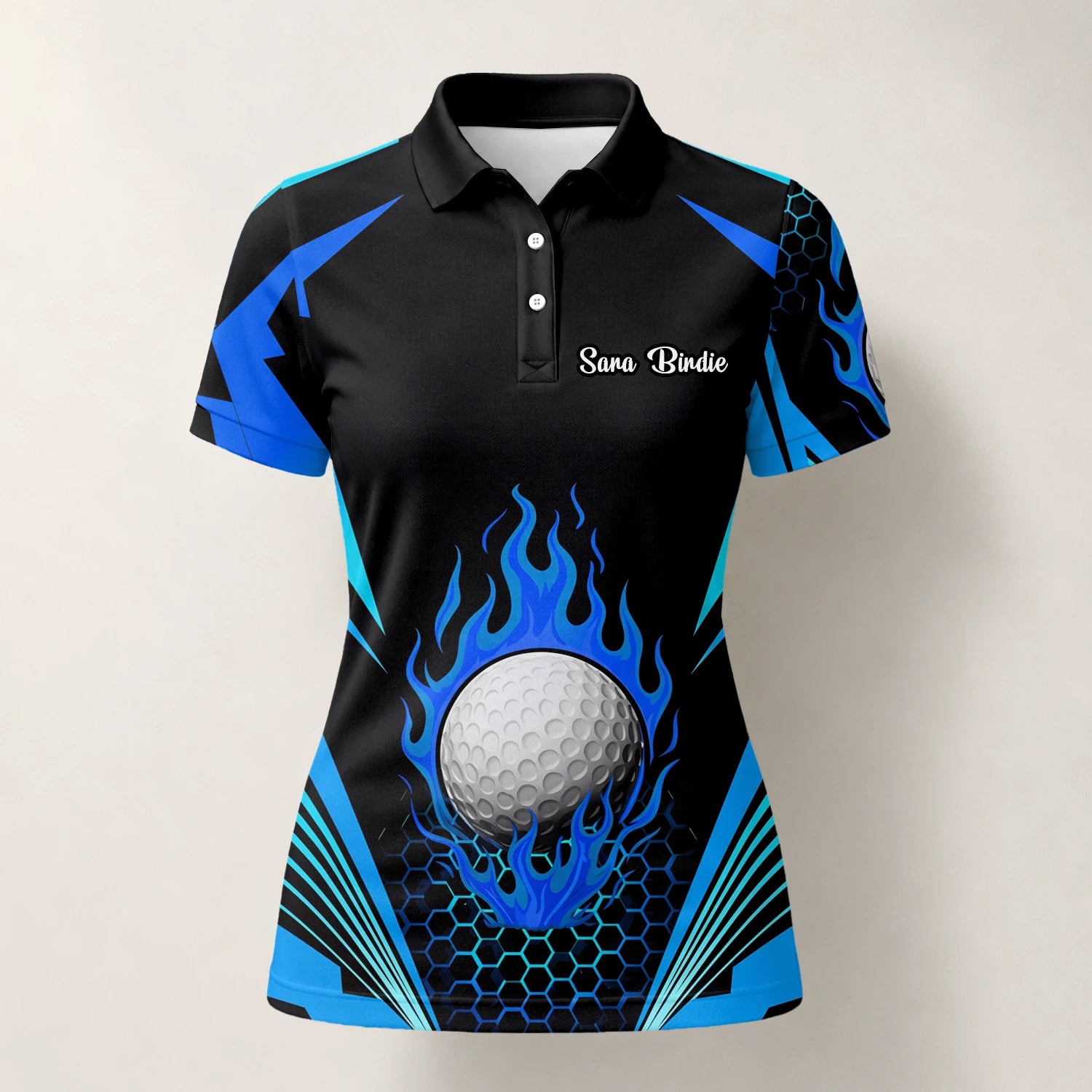Personalised Black Blue Flaming Golf Ball Golf Polo Shirt For Women Y8576