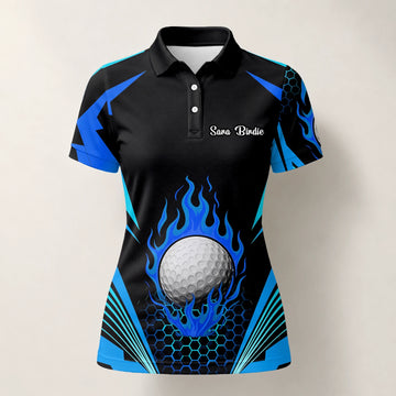 Personalised Black Blue Flaming Golf Ball Golf Polo Shirt For Women Y8576