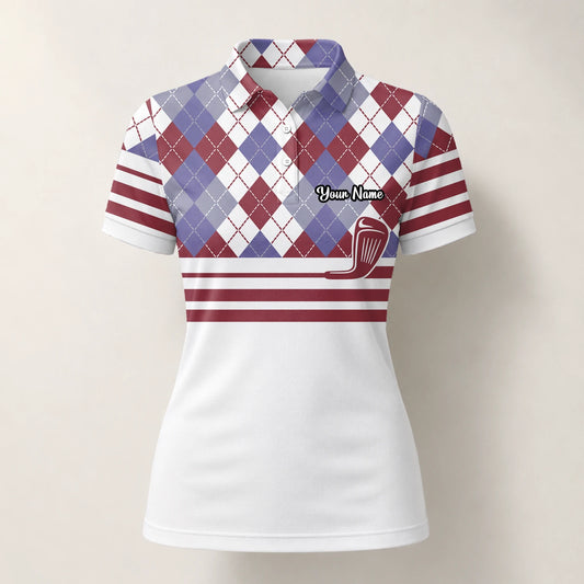 Personalised White Burgundy Argyle Golf Club Stripe Golf Polo Shirt For Women K9019