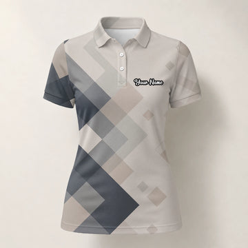 Personalised Beige Grey Argyle Golf Polo Shirt For Women Z6499