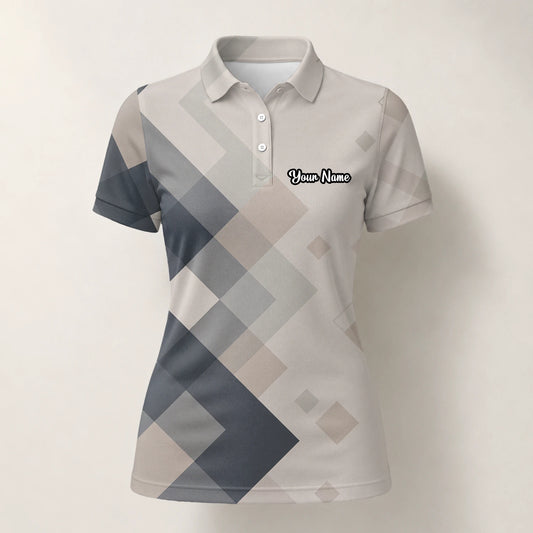 Personalised Beige Grey Argyle Golf Polo Shirt For Women Z6499
