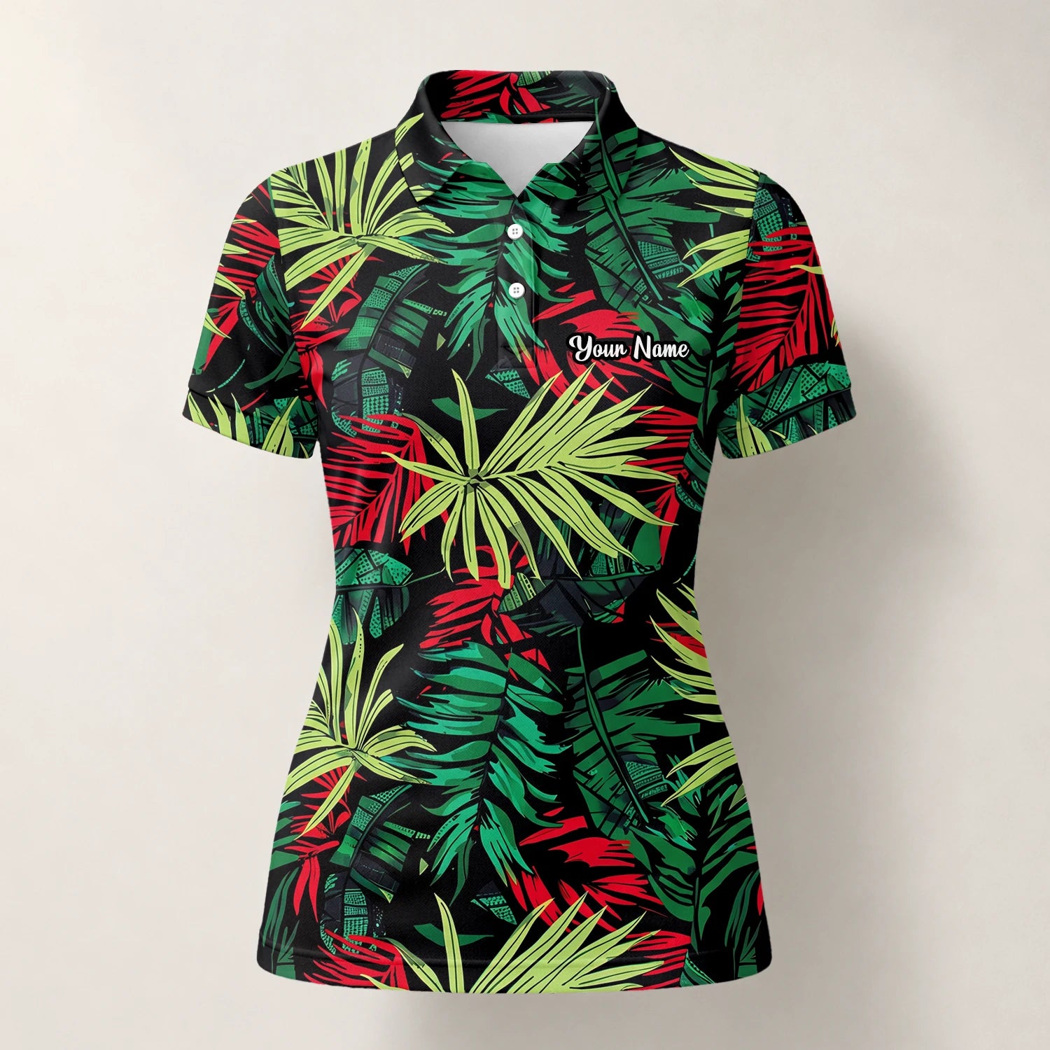 Personalised Black Green Red Tropical Leaf Golf Polo Shirt For Women U5191