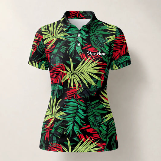 Personalised Black Green Red Tropical Leaf Golf Polo Shirt For Women U5191