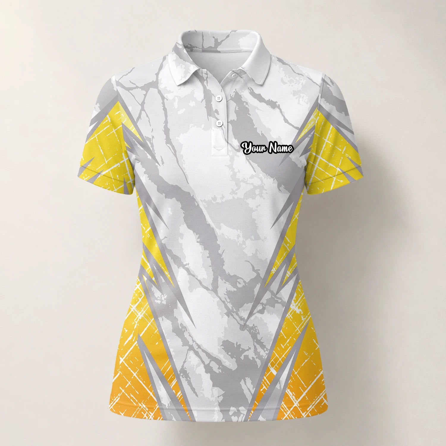 Personalised White Grey Yellow Marble Stripe Golf Polo Shirt For Women T6326