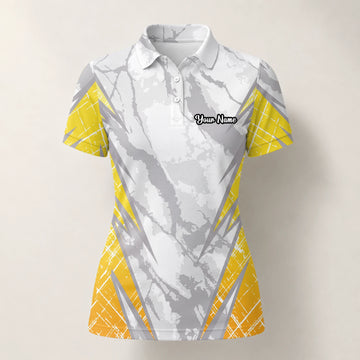 Personalised White Grey Yellow Marble Stripe Golf Polo Shirt For Women T6326