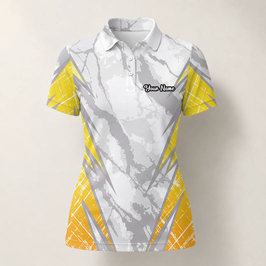 Personalised White Grey Yellow Marble Stripe Golf Polo Shirt For Women T6326