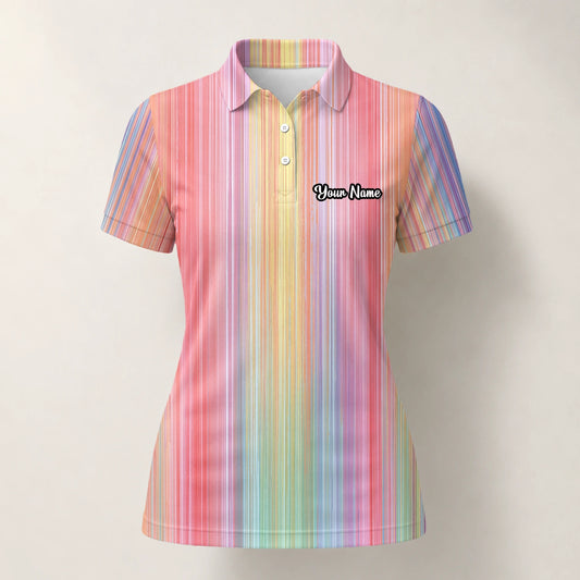 Personalised Pastel Rainbow Stripe Golf Polo Shirt For Women C5307