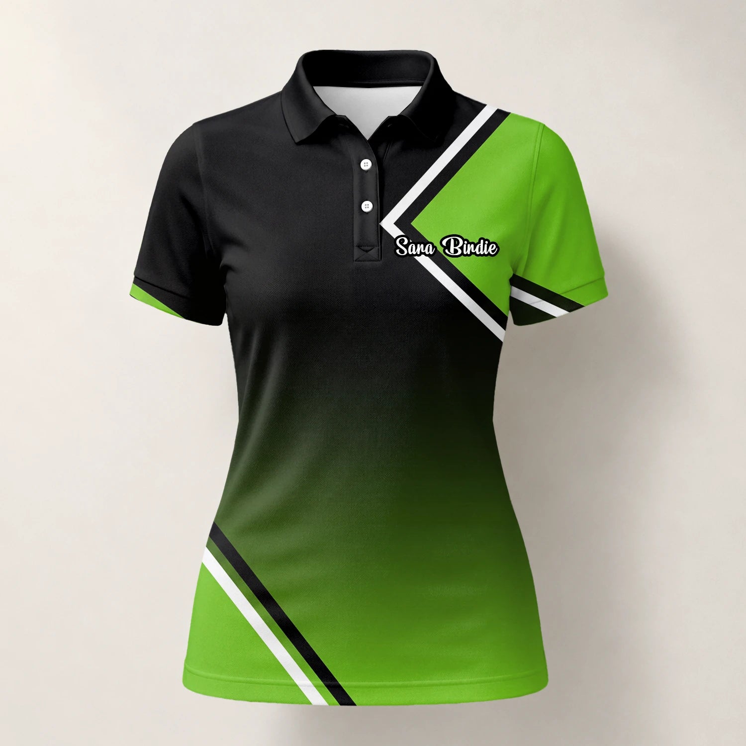 Personalised Black Green Geometric Stripe Golf Polo Shirt For Women V2638