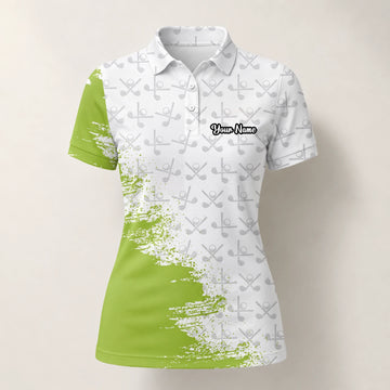 Personalised White Lime Golf Club Pattern Paint Splash Golf Polo Shirt For Women H4508