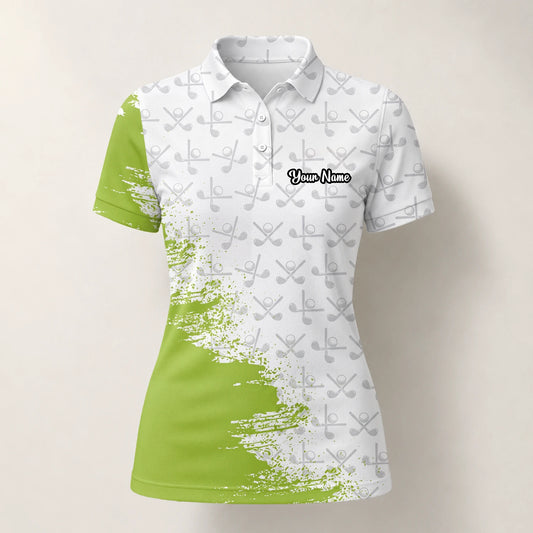 Personalised White Lime Golf Club Pattern Paint Splash Golf Polo Shirt For Women H4508