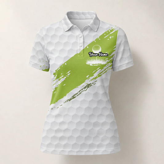 Personalised White Lime Golf Ball Texture Brush Stroke Golf Polo Shirt For Women M6914