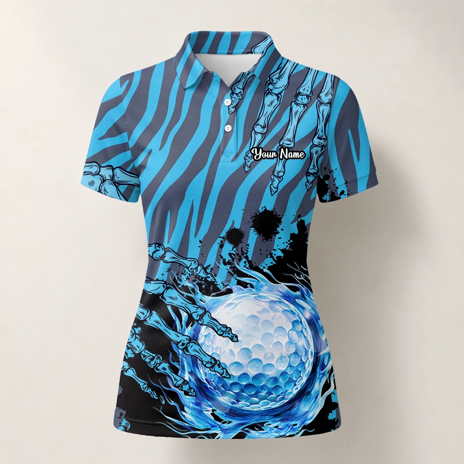 Personalised Blue Black Golf Ball Water Splash Golf Polo Shirt For Women B9791