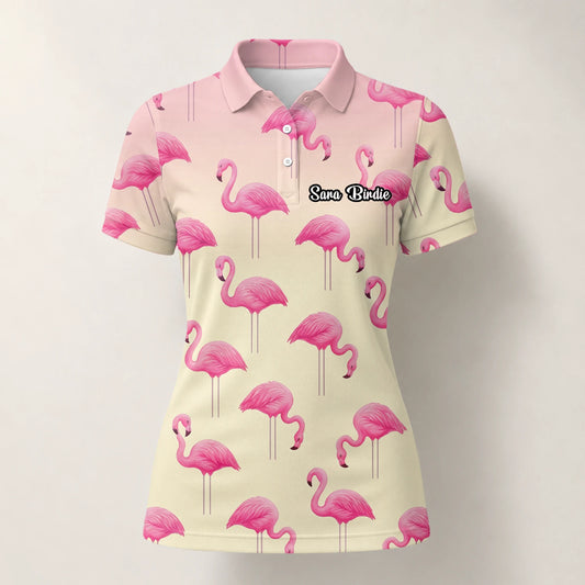 Personalised Cream Pink Flamingo Golf Polo Shirt For Women P5242