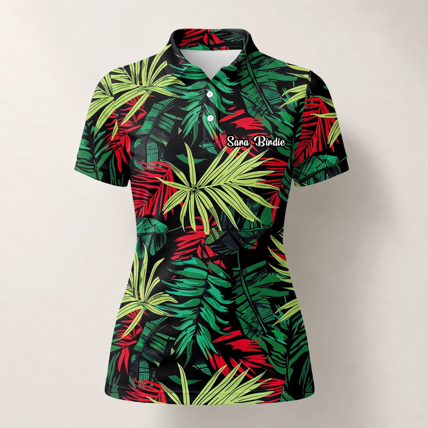 Personalised Black Green Red Tropical Leaf Golf Polo Shirt For Women U5191