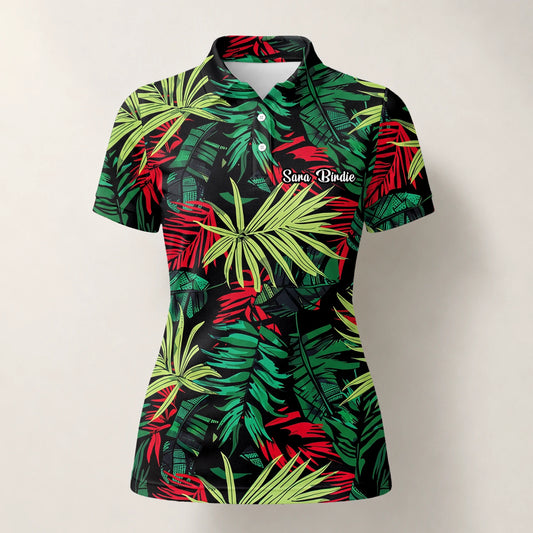 Personalised Black Green Red Tropical Leaf Golf Polo Shirt For Women U5191