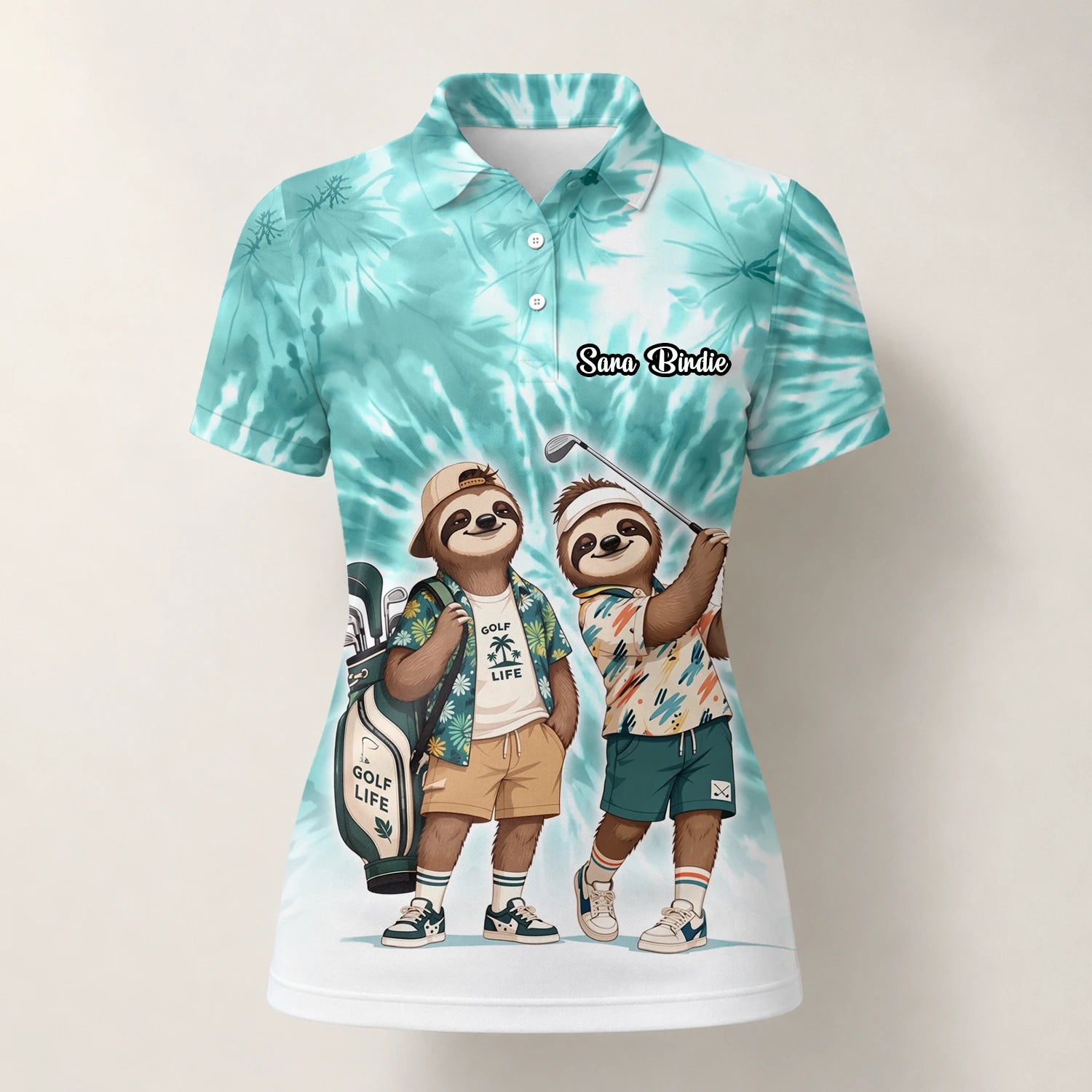 Personalised Turquoise Sloth Golfer Cartoon Golf Polo Shirt For Women C1614