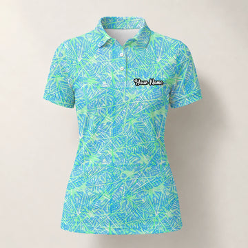 Personalised Turquoise Lime Tropical Leaf Golf Polo Shirt For Women U1015