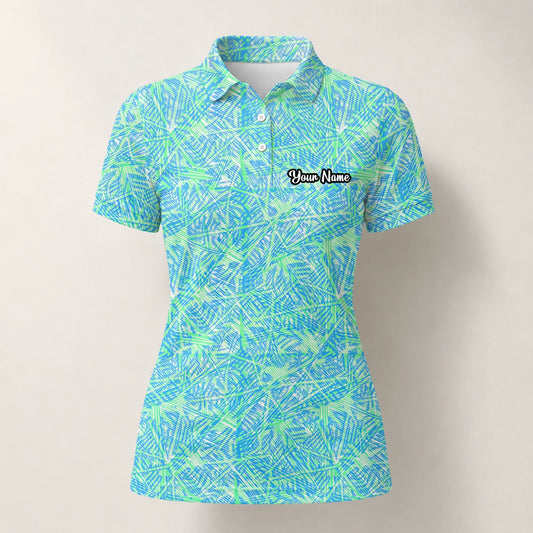 Personalised Turquoise Lime Tropical Leaf Golf Polo Shirt For Women U1015