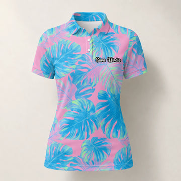Personalised Pink Turquoise Tropical Monstera Leaf Golf Polo Shirt For Women C8385