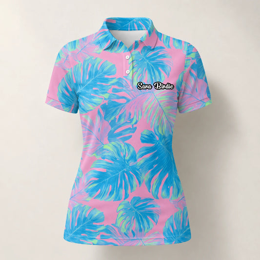 Personalised Pink Turquoise Tropical Monstera Leaf Golf Polo Shirt For Women C8385
