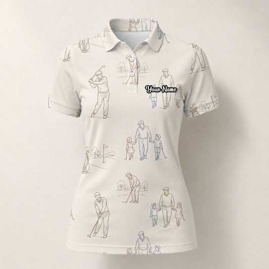Personalised Beige Vintage Golfer Sketch Golf Polo Shirt For Women D6556