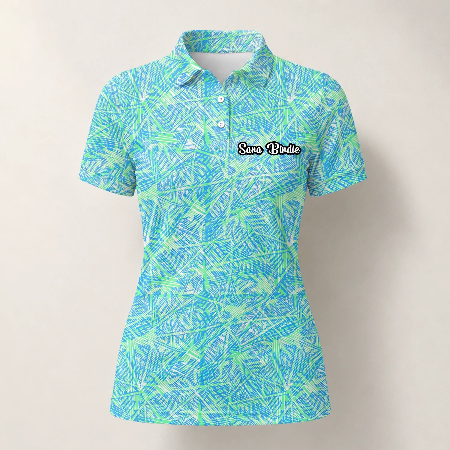 Personalised Turquoise Lime Tropical Leaf Golf Polo Shirt For Women U1015