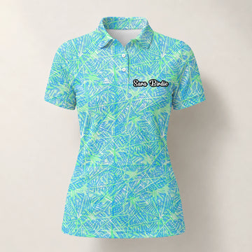 Personalised Turquoise Lime Tropical Leaf Golf Polo Shirt For Women U1015