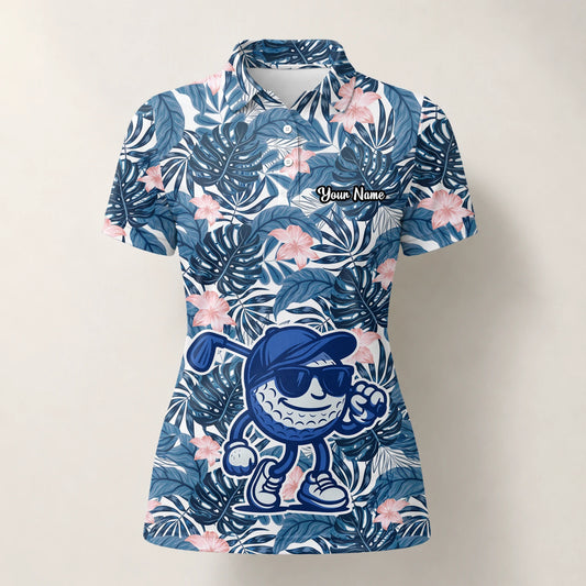 Personalised Navy Tropical Leaf Golf Ball Cartoon Golf Polo Shirt For Women I7191