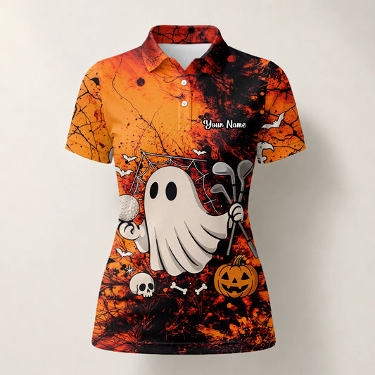 Personalised Orange Halloween Ghost Golfer Golf Polo Shirt For Women M0695