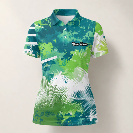 Personalised Green Blue Tropical Leaf Paint Splash Golf Polo Shirt For Women B7869