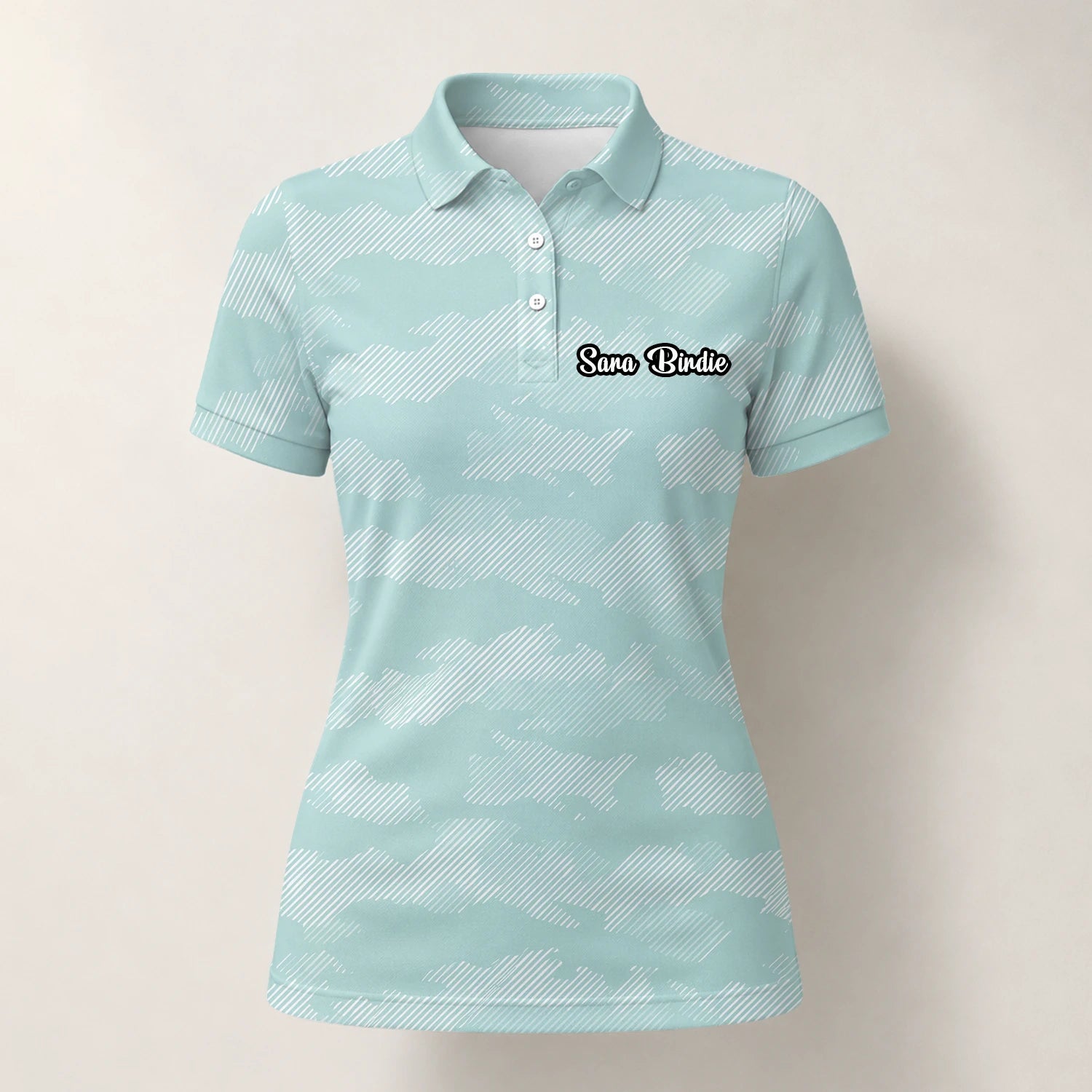 Personalised Mint White Chevron Stripe Golf Polo Shirt For Women K7105