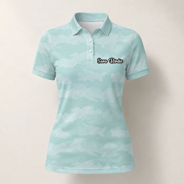 Personalised Mint White Chevron Stripe Golf Polo Shirt For Women K7105