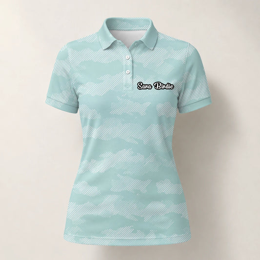 Personalised Mint White Chevron Stripe Golf Polo Shirt For Women K7105