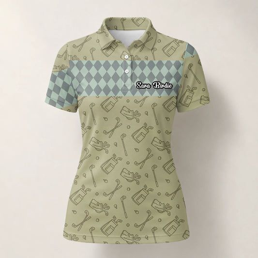 Personalised Khaki Golf Club Sketch Argyle Golf Polo Shirt For Women K5983