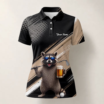 Personalised Black Beige Raccoon Beer Golfer Cartoon Golf Polo Shirt For Women K7921