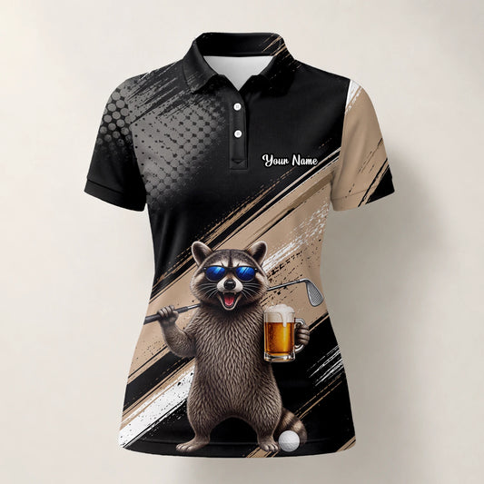 Personalised Black Beige Raccoon Beer Golfer Cartoon Golf Polo Shirt For Women K7921