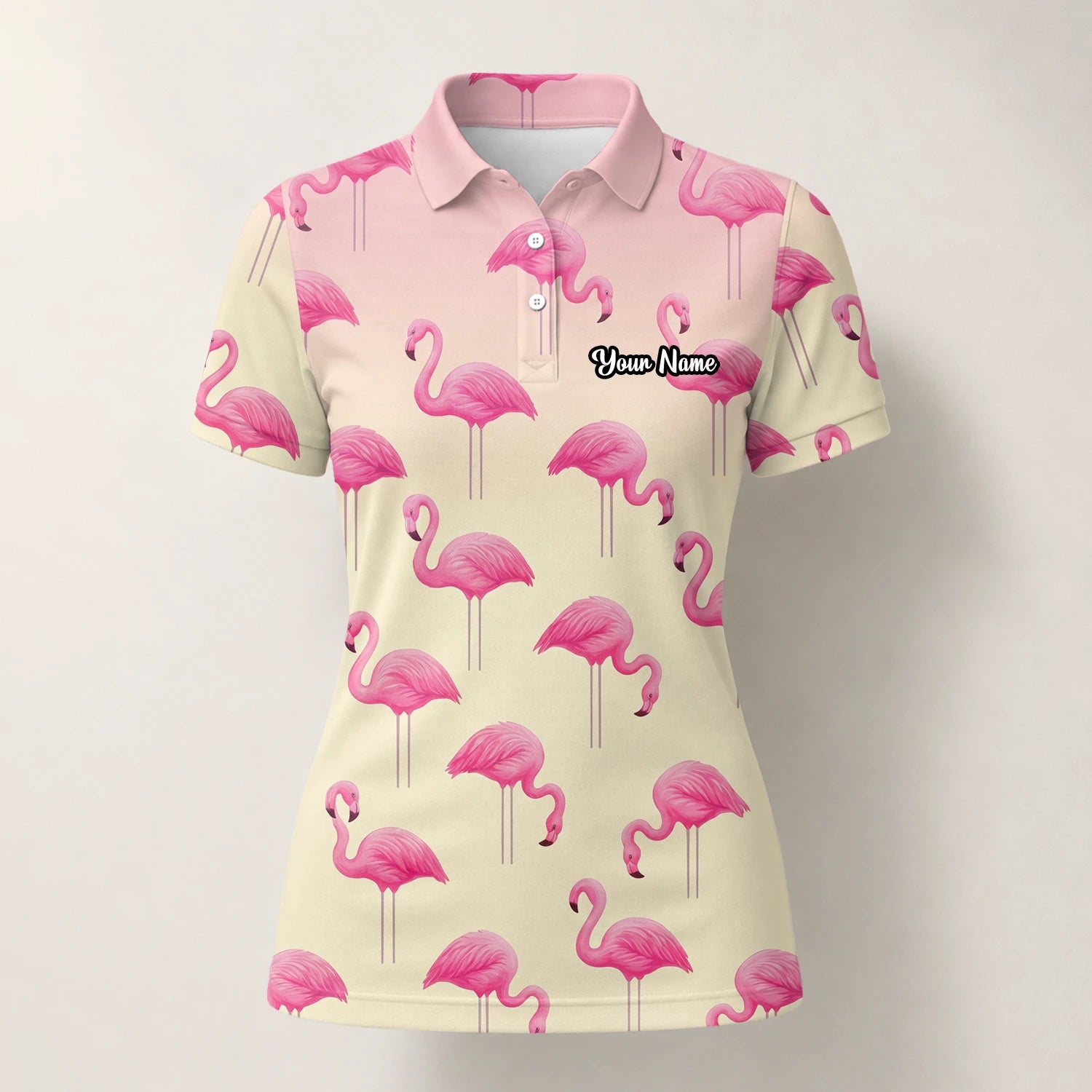 Personalised Cream Pink Flamingo Golf Polo Shirt For Women P5242