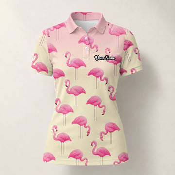 Personalised Cream Pink Flamingo Golf Polo Shirt For Women P5242