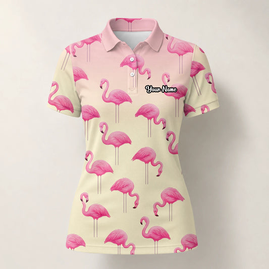Personalised Cream Pink Flamingo Golf Polo Shirt For Women P5242