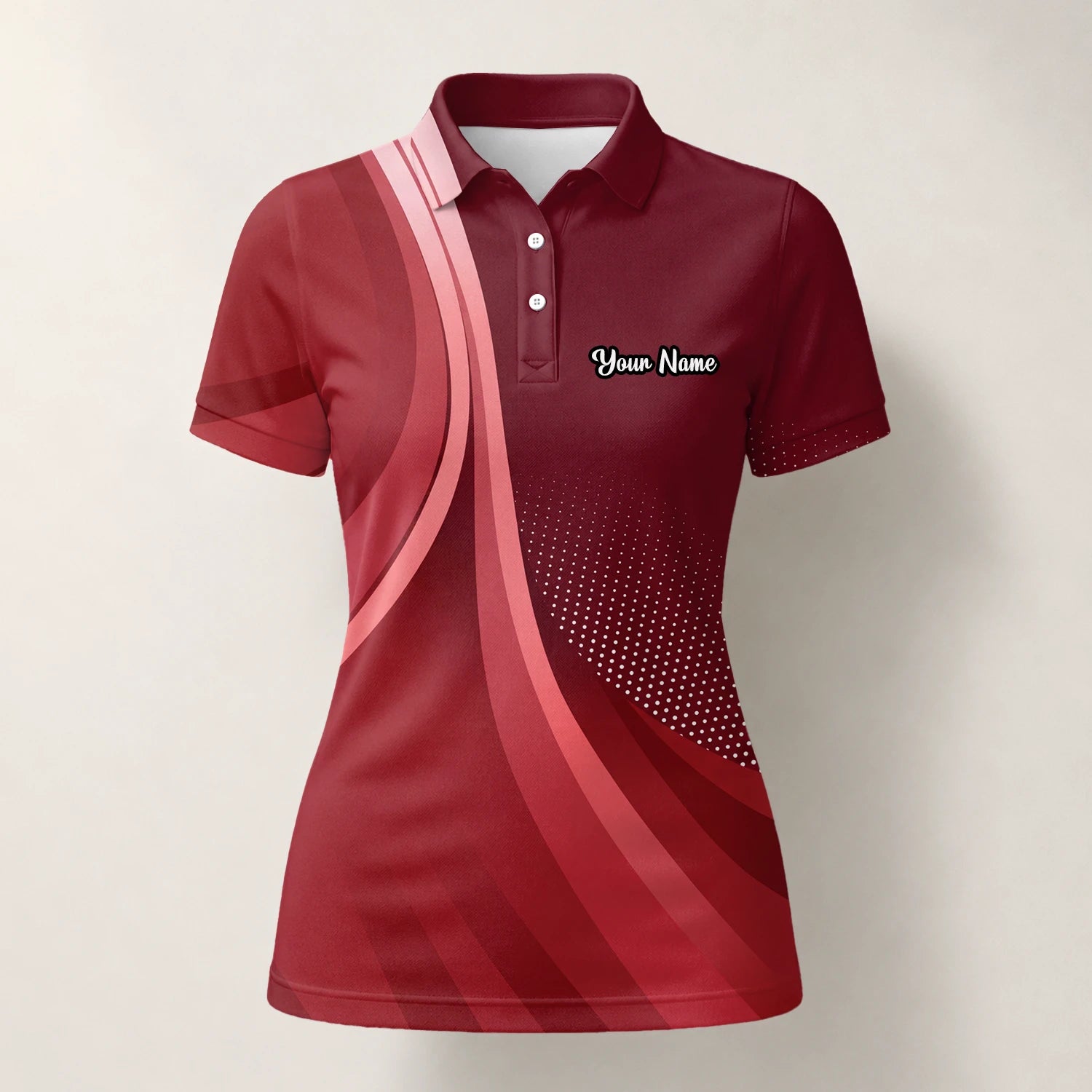 Personalised Burgundy Red Abstract Wave Golf Polo Shirt For Women B4612