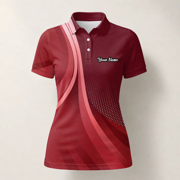Personalised Burgundy Red Abstract Wave Golf Polo Shirt For Women B4612