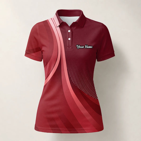 Personalised Burgundy Red Abstract Wave Golf Polo Shirt For Women B4612
