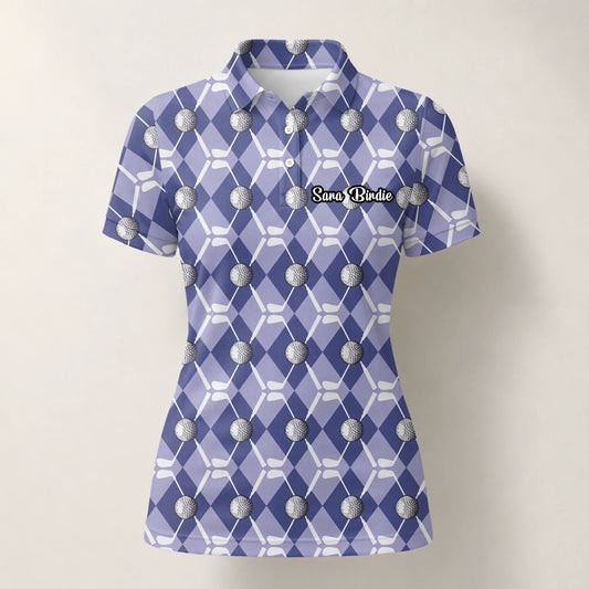 Personalised Blue Argyle Golf Ball Club Golf Polo Shirt For Women F3847