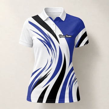 Personalised White Blue Black Abstract Wave Golf Polo Shirt For Women V7849