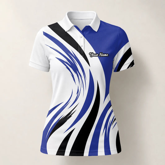 Personalised White Blue Black Abstract Wave Golf Polo Shirt For Women V7849